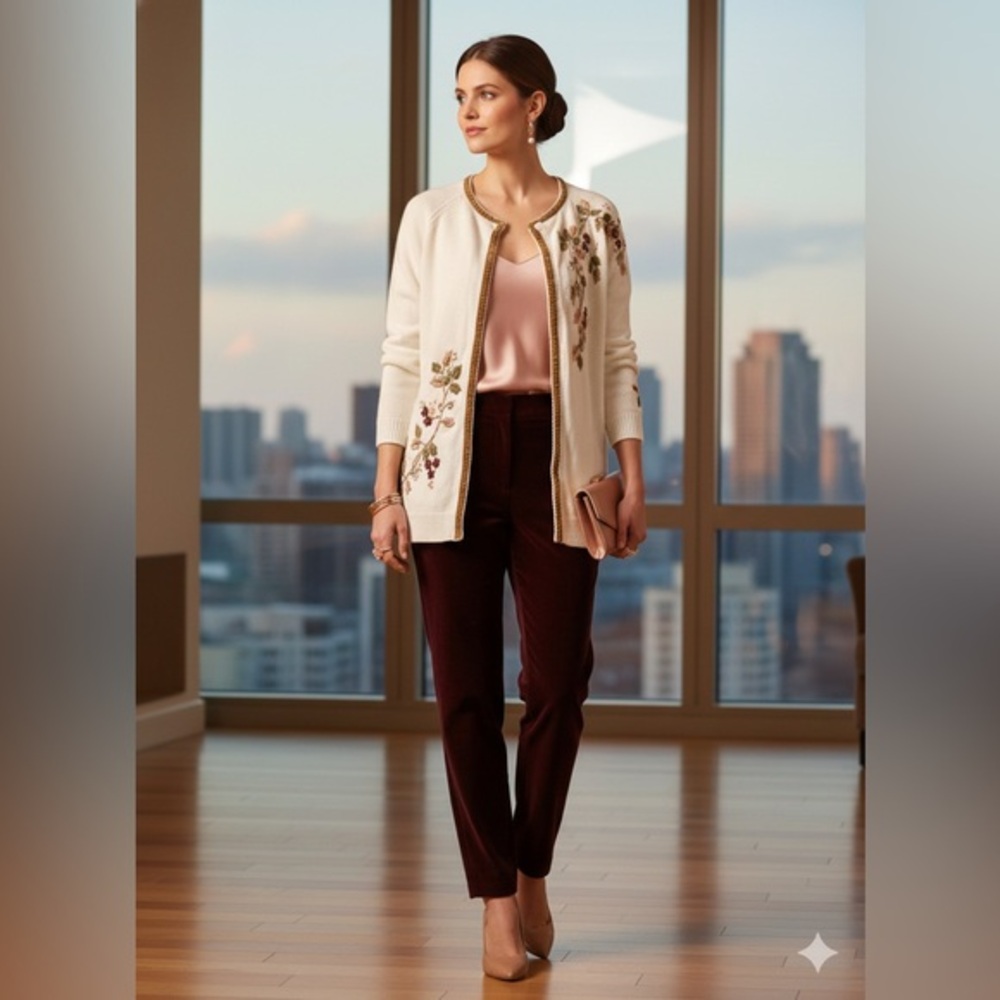 Stitches In Time Embroidered Floral Cardigan Sweater Ivory Beaded Velvet Trim‎ S